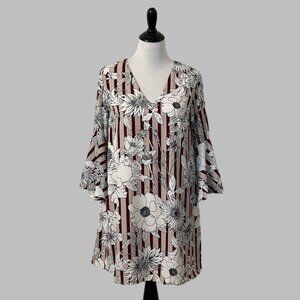 Boutique Dress Women Size S, M, L, Purple Stripes White Floral Bell Sleeves USA